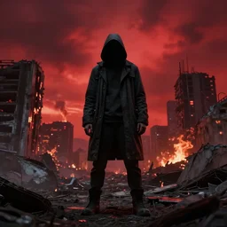 stalker standing in front of a post apocalyptic city with burning red sky