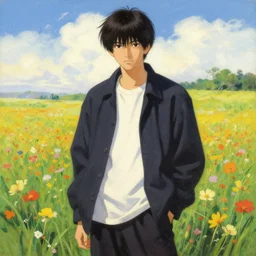attractive young thug in flower field, painting by j. c. leyendecker, yoji shinkawa, katayama bokuyo
