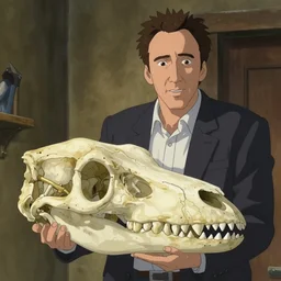 Nicolas Cage buying a dinosaur skull, animated by Makoto shinkai
