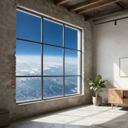a loft apartment in space with a window view looking down on earth