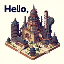 The text Hello, Traditional japanese concept art, industrial sci-fi, vector art, isometric illustration, 8k