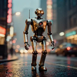 a 2 8 mm macro kodachrome photo of a tall huge metallic cyborg droid with glowing lights, walking alone on a rainy night in the city in the 1 9 5 0's, seen from a distance, bokeh, canon 5 0 mm, cinematic lighting, film, photography, golden hour, depth of field, award - winning, neon, cyberpunk
