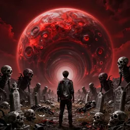 new planet, red, red sky, beaten up man, depth, creepy, monsters, eyes, graveyard, death, dead, red eyes, 8k, hyperrealistic, depth, vray, high resoulution, eathly