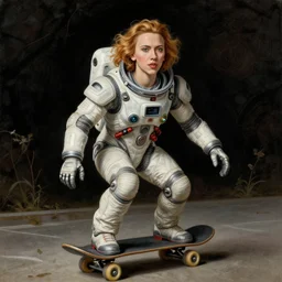 engraving of a portrait of scarlet johansson in futuristic spacesuit on motor skateboard by albrecht durer