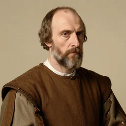renaissance portrait of a 60 years old strict looking man, bald patch, sqare-jawed in simple medieval clothing