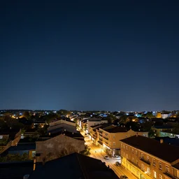 planform, very beautiful night, a small amount of buildings, starry sky, overlooking the street, the view from the top of the building, 8 k