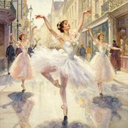 a beautifull intricate watercolour painting of a dancing balerinas in the victorian street, reflexions, verry high details by william turner art, greg rutkowski and alphonse mucha, trending on artstation, very very detailed, masterpiece, muted colors