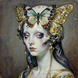 ceramic sharp focus extremely hyperrealistic horrifyingly beautiful 3 / 4 portrait oilpainting of bug lady of the skull butterfly portrait by michael hussar in style of michael hussar and rene lalique modern metropolitic artnouveau ceramic effect gild strips like ali franco's paintings 8 k