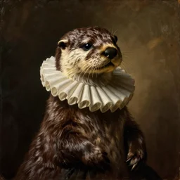 full - frame dutch golden age oil painting portrait of an otter wearing a ruff collar, warm lighting, chiaroscuro
