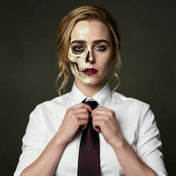emilia clarke, the left half of her face a skeleton, adjusting her tie like gus from breaking bad