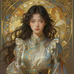 portrait of dreamy and ethereal mongolian girl with light blue eyes, peaceful expression, ornate frilly dress, fantasy, intricate, elegant, beautiful, digital art, beautiful dynamic lighting, golden ratio, highly detailed, digital painting, trending on artstation, concept art, smooth, sharp focus, illustration, photo realistic, art by artgerm and greg rutkowski and alphonse mucha and yoji shinkawa, 4 k