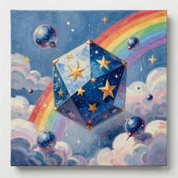 beeple, a painting by ralph mcquarrie of floating molecules and icosahedron with stars, clouds, and rainbows in the background, trending on artstation, masterpiece, incredible details