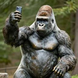 gorilla taking a selfie, bronze statue