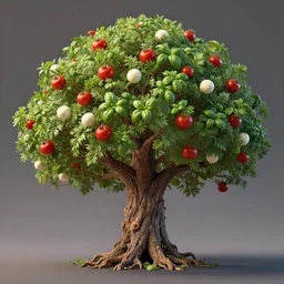 highly detailed 3 d render of a mythical tree with sparse leaves of tomato, mozzarella, basil, hyper realistic octane render, cinematic lighting, deviantart, lowbrow, surrealism, pixar still