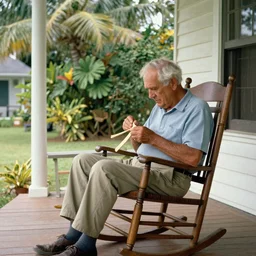 an old man, sitting in a wooden rocking chair on a front porch, tropical location Whittling a piece of wood, by Norman Rockwell