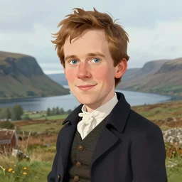 Jamie Fraser caricature portrait by Sebastian Krüger anda Bruno Tesse trending on artstation, perfect composition, Scotland background