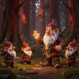 a alchemist gnome buffing his gnome allies in a redwood forest, unreal engine, octane render, realistic, matte painting, masterpiece