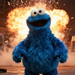 cinematic shot, the cookie monster is rambo, explosions in the background