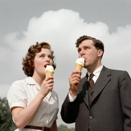 Women from the 1920s wearing a man's suit eating ice cream, looking up at the clouds