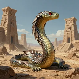 Realistic 2099 Future World mojave feathered serpent monster, pastiche by Dan Witz and pastiche by Michael Whelan:7|primal, ruins, aztec:6|8K Detailed Futuristic Glossy Magazine Patinting:8|mayan architecture:7|CGSociety:6|cel-shaded:2