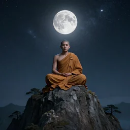 high definition render of a monk on top of a mountain, alex gray, full moon, galaxy, milky way, buddhism, 8 k, intricate details, elegant, cinematic