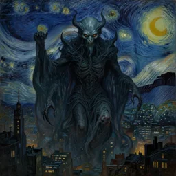 old god cthulhu terrifying the night skies of a modern city, dark - art realistic painting by van gogh