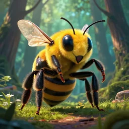 giant bee monster in the middle of the woods volumetric lighting, very sharp, detailed, high quality, by greg rutkowski, artgerm