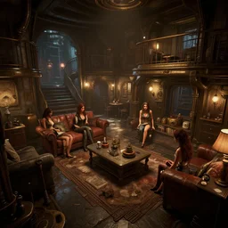beautiful women in the interior of a steampunk apartment, by Joe Madureira, 3d scene, render, ultra realistic, ray tracing, night time, volumetric light, artstation, cgsociety, level design, unreal engine, 3d scene, zenith view