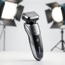 ( philips shaver ) designed by apple, studio photo, white backdrop, studio light, solid works, octane render, macro shot, in focus, dept of field, silver, orange, black design