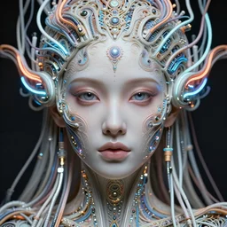 very beautiful woman integrating with technology, full face frontal centered, portrait, insipiring, detailed intricate symmetrical ornate neon cables connected to head, very detailed eyes, clear lips, luxurious detailed abundent wiring and implants, porcelain, fractal, renaissance, sci - fi, dramatic lighting, photography, highly detailed, artstation, 8 k, by moebius