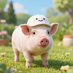 a miniature pig wearing a cute hat!!! summer garden! hyper realistic!! realistic lighting!! wildlife photograph of the year!!! bold natural colors, national geographic, hd, wide angle, 8 k