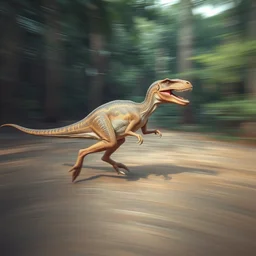 low quality shot of an accurate velociraptor running, blurry shot, low shutter speed
