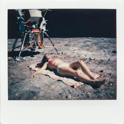 vintage polaroid of a woman sunbathing on the surface of the moon landing, warm azure tones, red color bleed, film grain