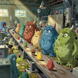 toy factory production line to create cute monsters and creatures, natural lighting, playful color scheme, intricate details, matte painting, illustration, by hayao miyazaki