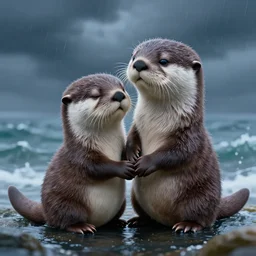 my little everything, happy brave magical cuteness, fantasy otter love, otters holding hands in the stormy sea, he holds her while she sleeps, hyper - realism, 8 k octane render