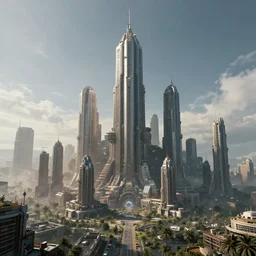 Giant futuristic megacity towering across the landscape, post apocalyptic, EOS-1D, f/16, ISO 200, 1/160s, 8K, unedited, symmetrical balance, in-frame
