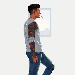a tattooed young and thin latino guy, alone, looking out a white room wearing a sleeveles shirt and blue jeans, legs crossed, short hair, tattoos, smoking, illustration, gta v, unreal engline, wide angle lens, art by greg rutkowski