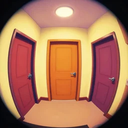 theatre access corridor background, 3 doors, fish eye, color, vibrant, flat style, artstation
