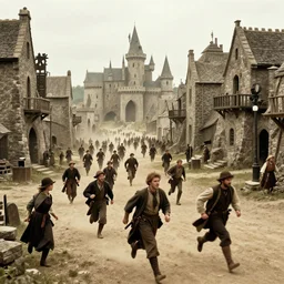 villagers running from huge medieval fantasy town, 1 9 1 0 s film scene