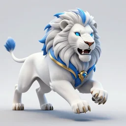 portrait of a white anthropomorphic lion, amor blue and gold, launching an attack!!, running to the camera!!, style like ajani goldmane, like a heroes of the storm, movie style, anime, by hajime sorayama and league of legends concept artists, cyberpunk, neon rain forest, concept art, octane render, artstation, high quality