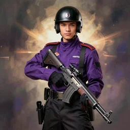 « vanu soldier, full helmet, purple and black clothes, tall young male, dominant, heavy gun »