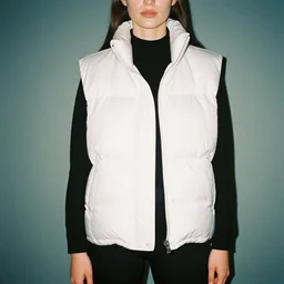 realistic photoshooting for a new heliot emil lookbook, color film photography, photo of a woman, model wearing a down - filled quilted polyester taffeta vest, photo in style of tyler mitchell, 3 5 mm