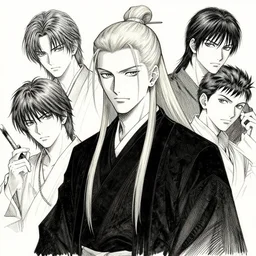 portrait of man with long blond hair tied up wearing black robes, pen and ink, intricate line drawings, by craig mullins, ruan jia, kentaro miura, greg rutkowski, loundraw