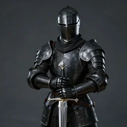 knight in black armour posing while holding a detailed silver sword, focused, in frame, high resolution, realistic, 8 k hyper real, rtx, unreal engine 5