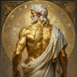 painted back portrait of rugged zeus greek god by greg rutkowski craig mullins artgerm alphonse mucha, much messy gold body paint, white hair handsome muscular upper body mature flowing robe [ ancient greek motifs ] background fantasy intricate elegant detailed digital painting concept art artstation sharp focus illustration