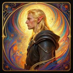 side profile centered painted portrait, male blonde elf ranger, d & d, gloomhaven, matte painting concept art, art nouveau, beautifully backlit, swirly vibrant color lines, fantastically gaudy, aesthetic octane render, 8 k hd resolution, by ilya kuvshinov and cushart krentz and gilleard james