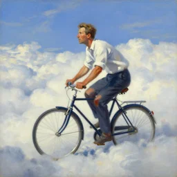 A man riding his bicycle through the clouds in the sky, evokes feelings of wonder and amazement, an expressive oil painting by Wes Wilson and Krenz Cushart