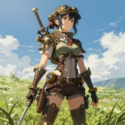 girl with steampunk weapons and uniform, serious, finely detailed, made by wlop, by artgerm, by james jean, full body portrait, illustration, grass, sunny, sky, anime, side view, perfect anime face, detailed face, zoomed out, smooth,