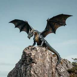 A dragon perching on a rocky outcrop, wide shot photograph, Nature Magazine