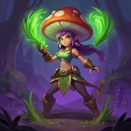league of legends splash art illustration portrait of a champion that is a mushroom lady that makes people hallucinate through grass, standing ready for combat, on a purple forest floor, digital art, artstation, art by chengwei pan